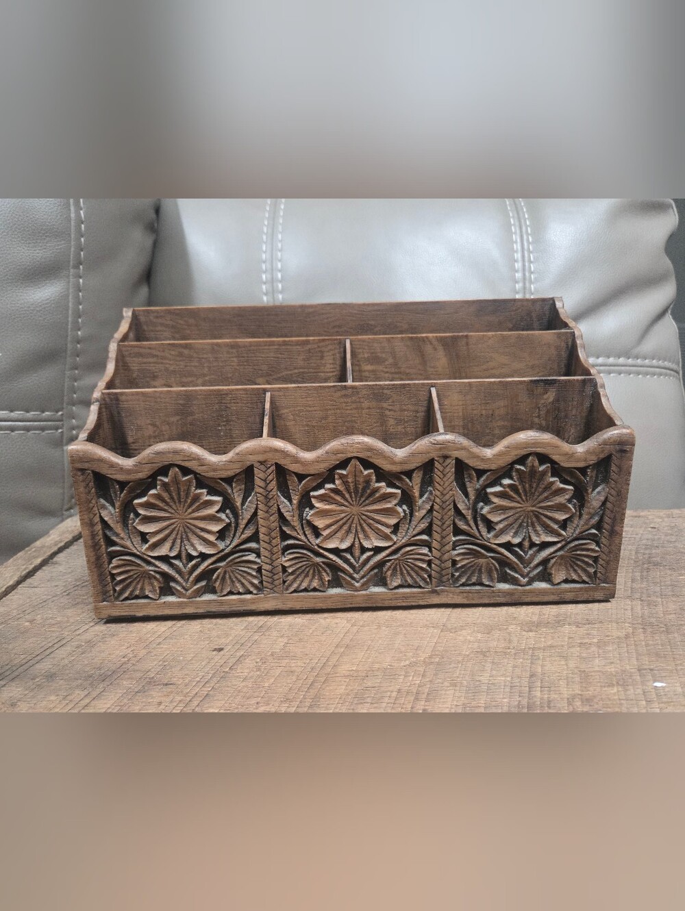 Vintage Mid Century Lerner Faux Carved Wood Desk Organizer Mail Sorter Caddy MCM